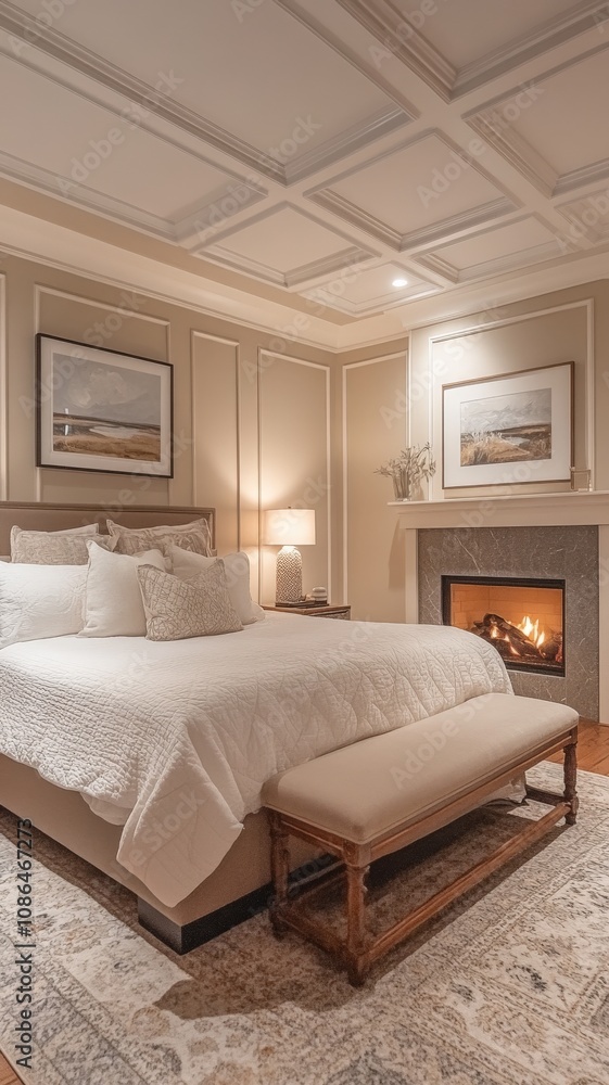 Fototapeta premium grand master suite, moody, wainscoting on walls, cozy and inviting, warm and inviting with artwork on walls and fireplace opposite the king bed
