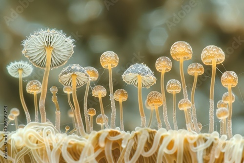 Spore Germination: An image of fungi spores beginning to germinate on a nutrient-rich surface, highlighting the initial stage of fungal growth photo