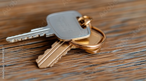 A pair of metallic keys on a golden ring lies on a textured wood surface, symbolizing security and access. photo