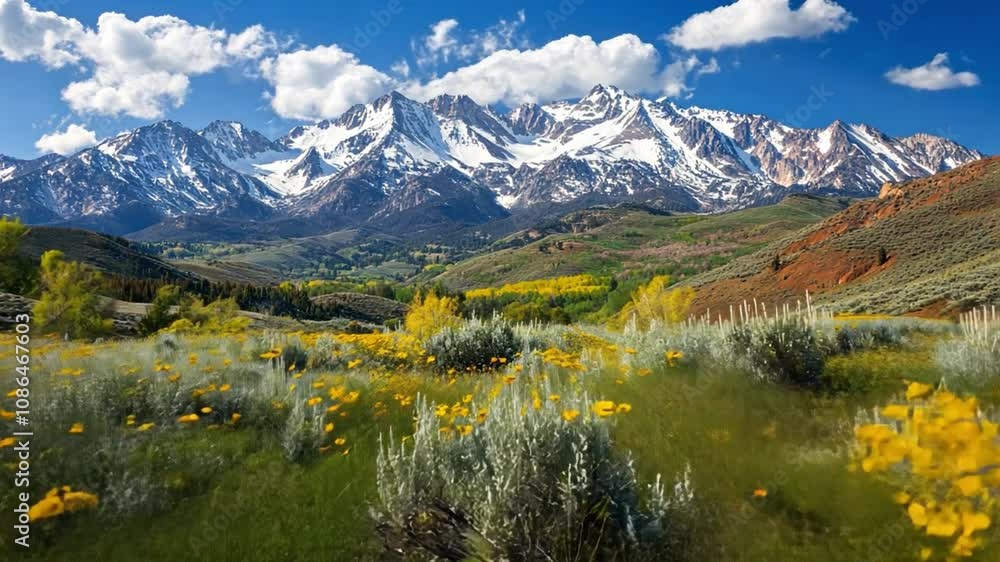 Spring mountainscape with blooming flowers at the base of snow-capped peaks. Spring mountainscape with blooming flowers at the base of snow-capped peaks.