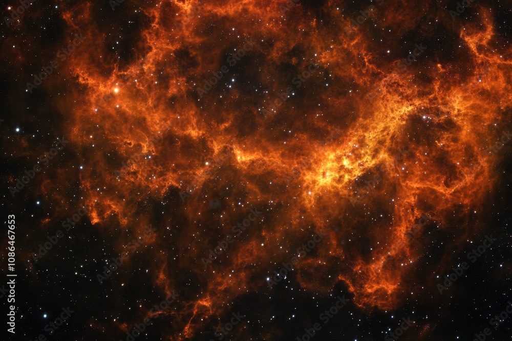 A fiery nebula with swirling gas and dust, illuminated by distant stars. A fiery nebula with swirling gas and dust, illuminated by distant stars.