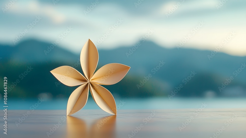 Paper Origami Flower on Wooden Surface with Mountain Lake Background Paper Origami Flower on Wooden Surface with Mountain Lake Background