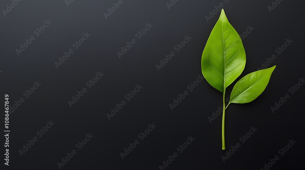 Obraz premium Two Green Leaves on Black Background