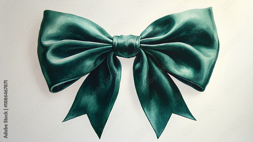 A vibrant watercolor painting of a rich emerald green velvet bow with subtle highlights, on a bright white canvas A vibrant watercolor painting of a rich emerald green velvet bow with subtle highlights, on a bright white canvas