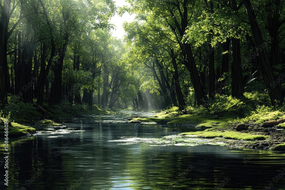 Obraz premium A Stream Flowing Through a Lush, Sun-Dappled Forest