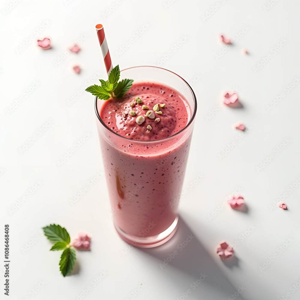 Berry smoothie topped with mint leaves and decorative pink flowers on a light background Berry smoothie topped with mint leaves and decorative pink flowers on a light background