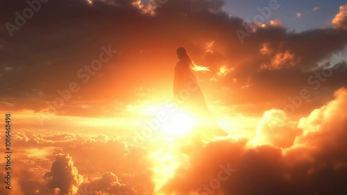 A majestic guardian angel standing on the clouds, bathed in sunlight, Archangel. Heavenly angelic spirit with wings. Illustration abstract white angel. Belief. Afterlife. Spiritual Angel. Blessing. 