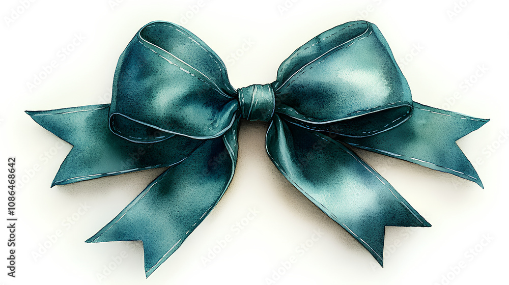 A whimsical watercolor depiction of a festive emerald green velvet bow, tied with soft flowing ribbons, on a bright white background A whimsical watercolor depiction of a festive emerald green velvet bow, tied with soft flowing ribbons, on a bright white background
