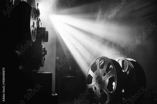 A monochrome photo of a film projector casting a beam of light through a dusty room, with film reels in the foreground. Ample copy space for vintage or classic cinema concepts.