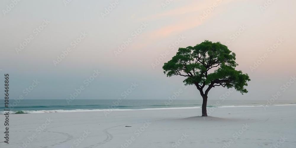 Single isolated green tree stands tall on a white sandy beach at dawn, solo elements, nature photography Single isolated green tree stands tall on a white sandy beach at dawn, solo elements, nature photography