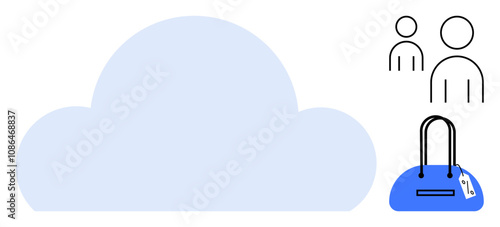 Large cloud shape representing cloud storage, two user icons, and a handbag icon with a luggage tag. Ideal for technology, data security, cloud services, personal storage, digital organization, user
