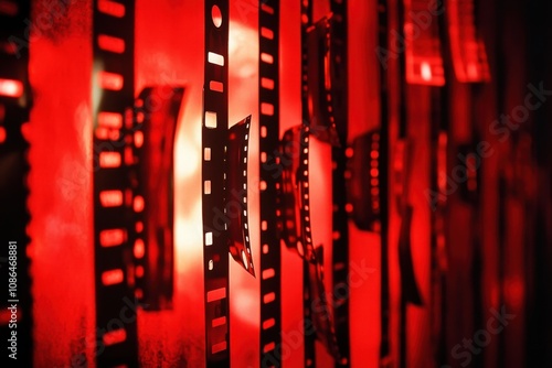 Artistic composition of film strips hanging to dry in a darkroom, illuminated by a red safelight. Ample copy space for darkroom or film developing themes. photo