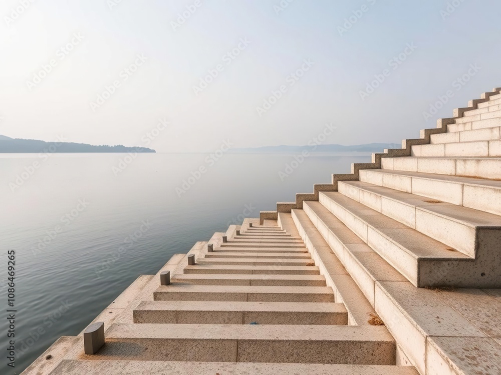 Fototapeta A row of concrete steps leading into a serene lake, lake scenery, reflection