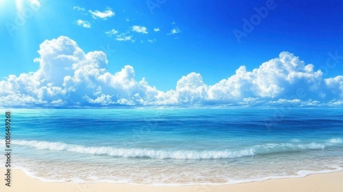 Beach with a clear view of the horizon, tranquil water, and fluffy white clouds in the sky