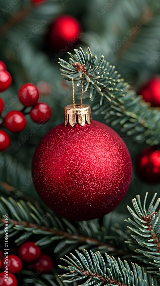 Red Christmas Ornament on Evergreen Branch Red Christmas Ornament on Evergreen Branch