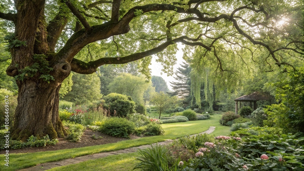 A serene and idyllic garden scene with a large tree and lush greenery, beautiful scenery, serene scenery, natural scenery, tree A serene and idyllic garden scene with a large tree and lush greenery, beautiful scenery, serene scenery, natural scenery, tree