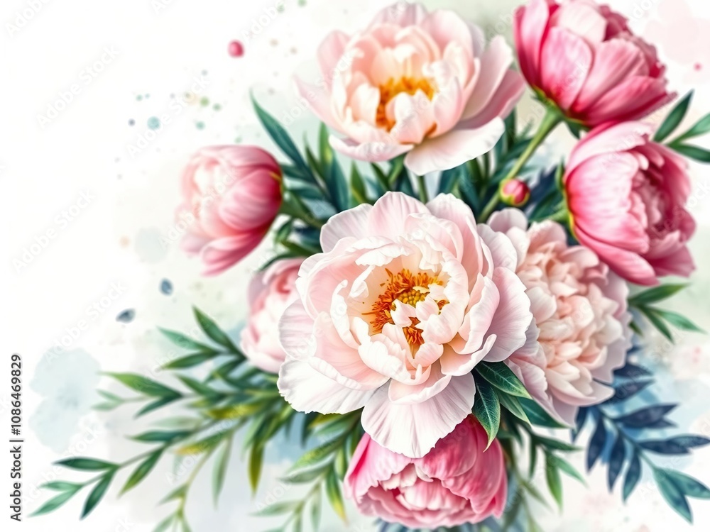 Soft focus watercolor painting of peonies in a vase with scattered greenery and abstract watercolor splashes, soft focus, natural, watercolor splashes Soft focus watercolor painting of peonies in a vase with scattered greenery and abstract watercolor splashes, soft focus, natural, watercolor splashes