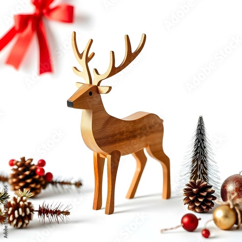 reindeer, figurine, wooden, decoration, Christmas, holiday, festive, isolated, background, white, seasonal, rustic, handcrafted, natural, decor, ornament, minimalist, sculpture, winter, deer photo