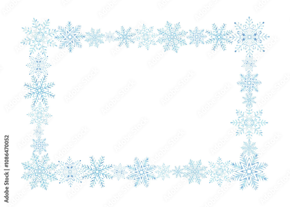 Snowflakes rectangular frame. Template postcard with copy space. Ice stars for Christmas or New Year design. Hand drawn watercolor illustration isolated. Winter clipart for textile, wrapping, sale. Snowflakes rectangular frame. Template postcard with copy space. Ice stars for Christmas or New Year design. Hand drawn watercolor illustration isolated. Winter clipart for textile, wrapping, sale.
