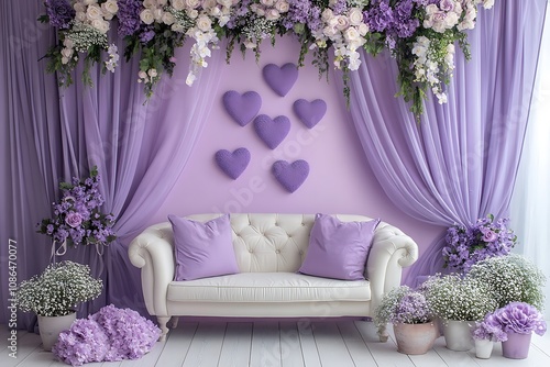 Elegant purple and white backdrop with an elegant sofa, curtains, heart and flowers for a photography studio background