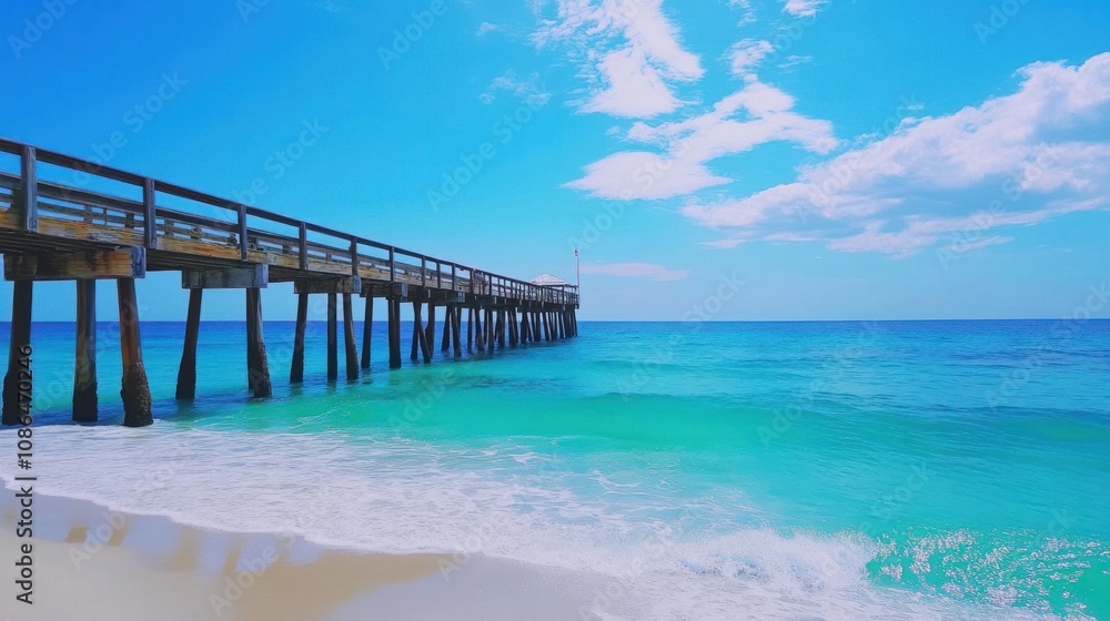 Beach with a weathered wooden pier extending into calm turquoise waters under a bright blue sky Beach with a weathered wooden pier extending into calm turquoise waters under a bright blue sky