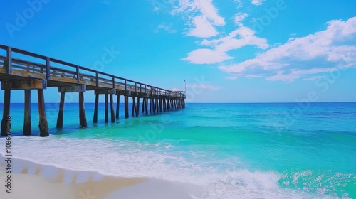 Beach with a weathered wooden pier extending into calm turquoise waters under a bright blue sky