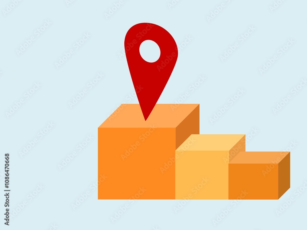 Red map pin icon with parcel boxes isolated on light blue surface. Red map pin icon with parcel boxes isolated on light blue surface.
