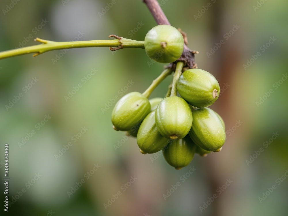 A single coffee tree twig with several young green coffee berries hanging from it, outdoors, coffee berries A single coffee tree twig with several young green coffee berries hanging from it, outdoors, coffee berries