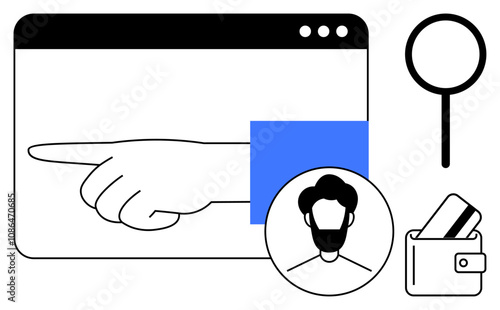 Hand with pointing finger, user profile emblem, magnifying glass, and wallet with card. Ideal for user interface guides, profile setup, search functions, financial services, identity verification