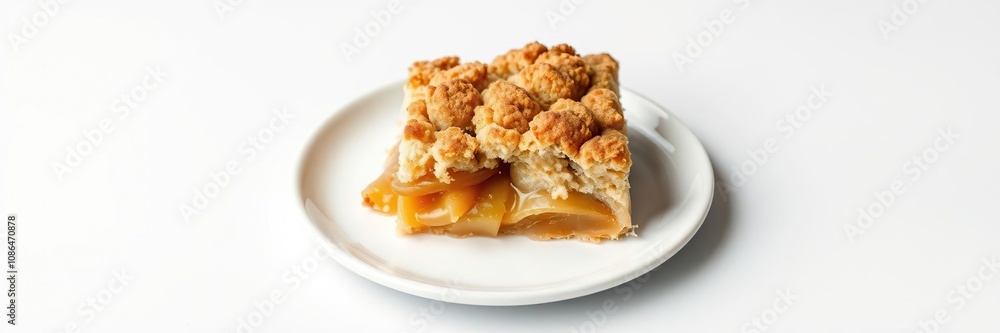 A single piece of apple crumble sits atop a white plate, its golden brown topping glistening with subtle sheen, dessert dish, baked good, fruit A single piece of apple crumble sits atop a white plate, its golden brown topping glistening with subtle sheen, dessert dish, baked good, fruit