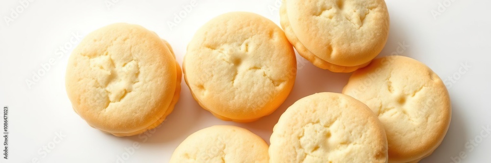 Soft sponge biscuits with a delicate texture, lightly golden brown, arranged neatly on a plain white background, isolated object, baking, kitchen essentials Soft sponge biscuits with a delicate texture, lightly golden brown, arranged neatly on a plain white background, isolated object, baking, kitchen essentials