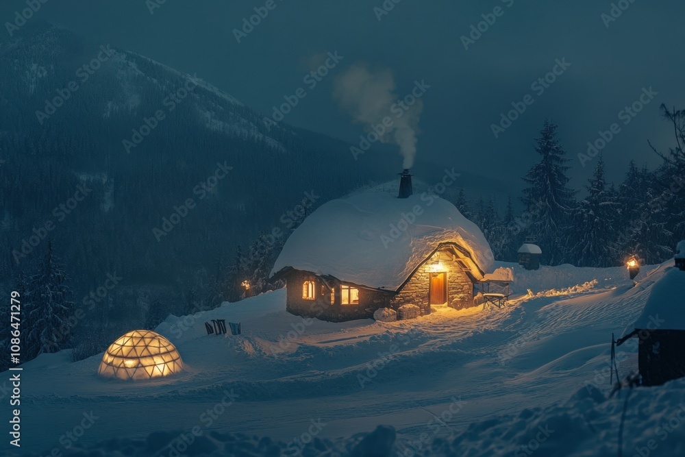 A cozy cabin with snow-covered roof and glowing windows sits on a snowy hillside at dusk. Smoke rises from the chimney, illuminating the winter landscape. A cozy cabin with snow-covered roof and glowing windows sits on a snowy hillside at dusk. Smoke rises from the chimney, illuminating the winter landscape.