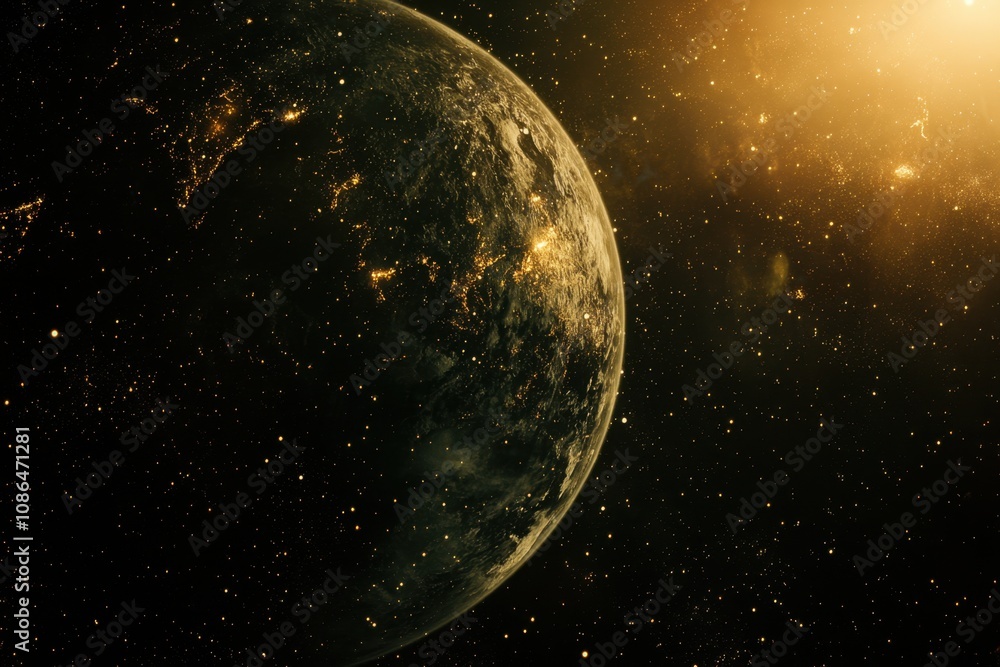 Fototapeta premium A glowing planet with a star shining brightly in the background.