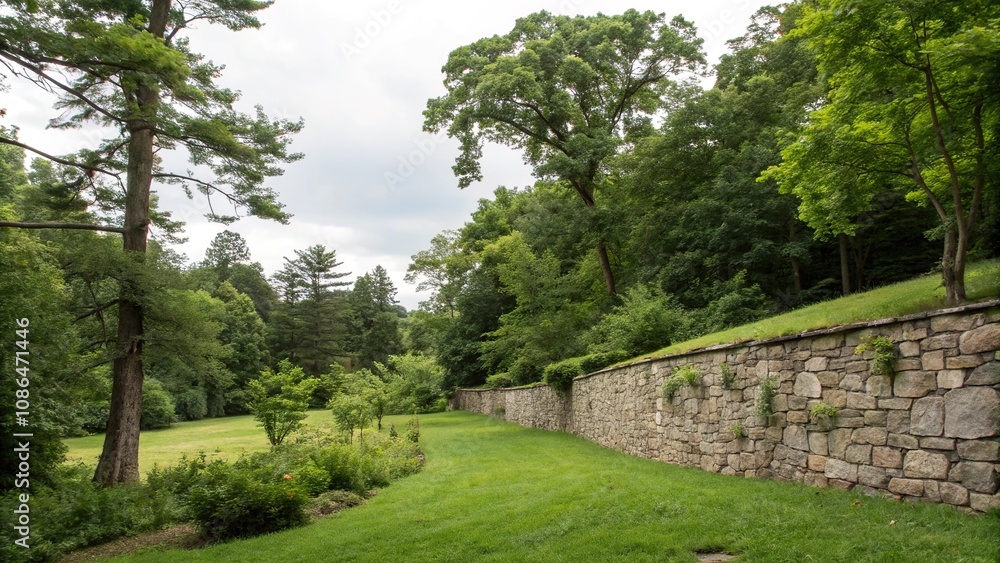 Stone wall surrounded by trees and greenery, forest, nature, verdant Stone wall surrounded by trees and greenery, forest, nature, verdant