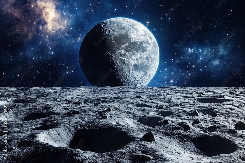 Obraz premium A large, full moon hangs in the night sky above a desolate, cratered surface, with a faint nebula in the background.