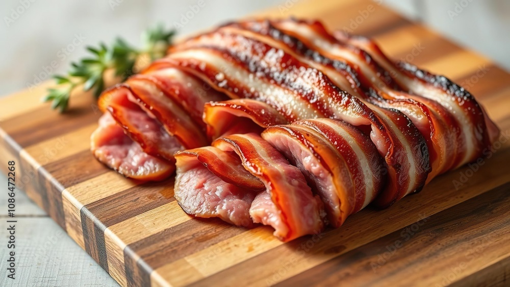 Thinly sliced filet mignon wrapped in crispy bacon strips on a wooden cutting board, savory, restaurant, foodie Thinly sliced filet mignon wrapped in crispy bacon strips on a wooden cutting board, savory, restaurant, foodie