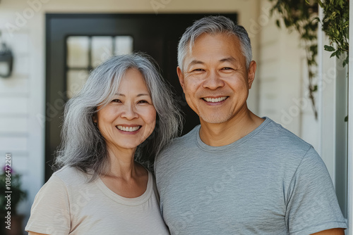 Smiling elderly Asian couple standing in front of their home