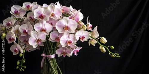 Delicate orchid flowers arranged in a lush bouquet on a dark black background creating a stunning visual effect, nature, orchids, botanical photo