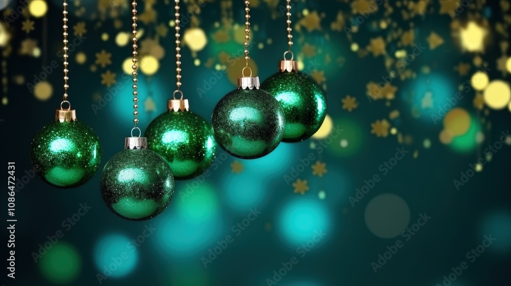 Green Glittering Christmas Ornaments with Bokeh Background Green Glittering Christmas Ornaments with Bokeh Background