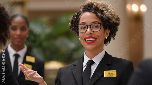 Professional hotel staff welcoming guests with warm smiles, showcasing hospitality and service excellence in an elegant setting with refined attire.