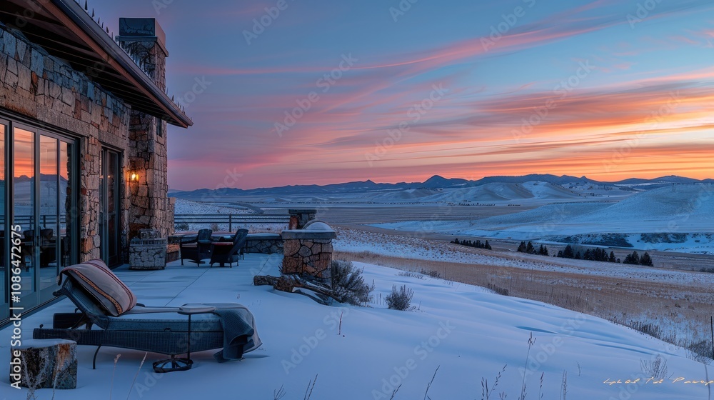 A patio, breathtaking view of dusk in an expansive, vast, rugged wintery prairie with the rocky mountains in the distance. A patio, breathtaking view of dusk in an expansive, vast, rugged wintery prairie with the rocky mountains in the distance.