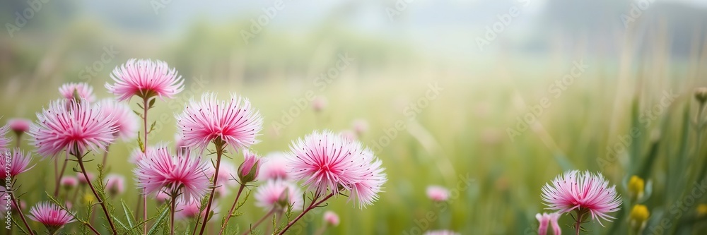 Obraz premium Mimosa pudica flowers with pink and green hues in a misty field, garden scene, outdoor setting, flower photography