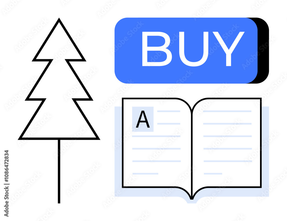 Stylized pine tree, open book with letter A, and bold blue BUY button. Ideal for online bookstores, digital content libraries, educational platforms, holiday promotions, e-commerce, environmental Stylized pine tree, open book with letter A, and bold blue BUY button. Ideal for online bookstores, digital content libraries, educational platforms, holiday promotions, e-commerce, environmental
