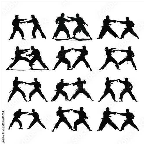 martial karate silhouette icon set , karate silhouette, martial silhouette bundle with various poses photo