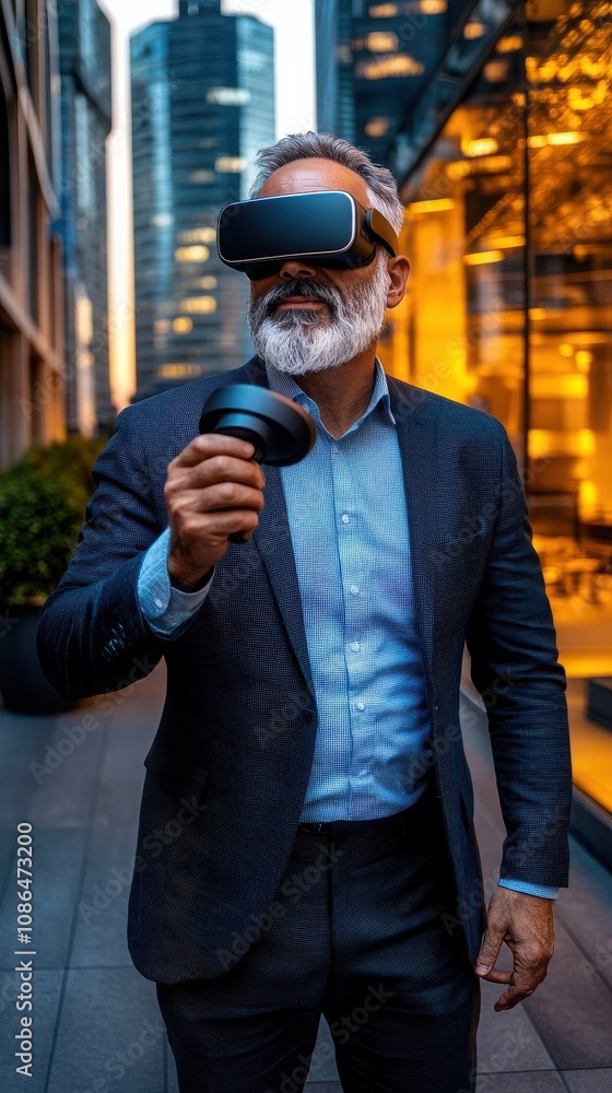 Professional man with beard using virtual reality headset in urban setting, engaged in immersive technology experience against backdrop of modern architecture at sunset. Professional man with beard using virtual reality headset in urban setting, engaged in immersive technology experience against backdrop of modern architecture at sunset.