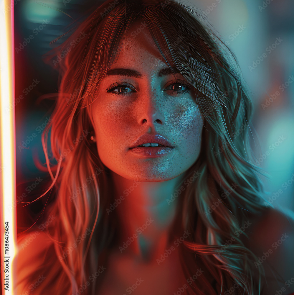 Portrait of an attractive woman with long hair, lit by the soft glow from her white neon light. Portrait of an attractive woman with long hair, lit by the soft glow from her white neon light.