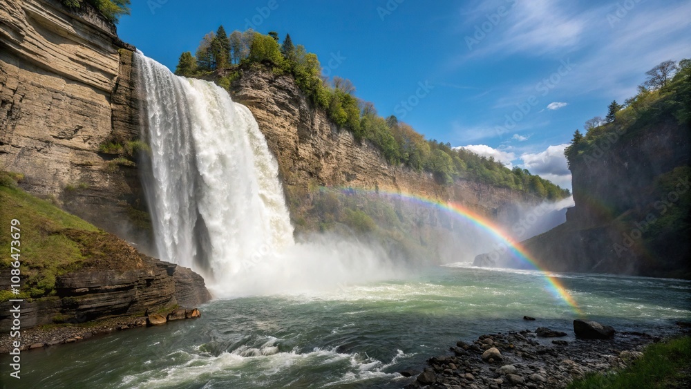Water cascades down a rocky cliffside in a powerful waterfall, with sunlight filtering through the mist and creating a rainbow effect, sunlight, landscape, cliff, outdoors, rocks Water cascades down a rocky cliffside in a powerful waterfall, with sunlight filtering through the mist and creating a rainbow effect, sunlight, landscape, cliff, outdoors, rocks