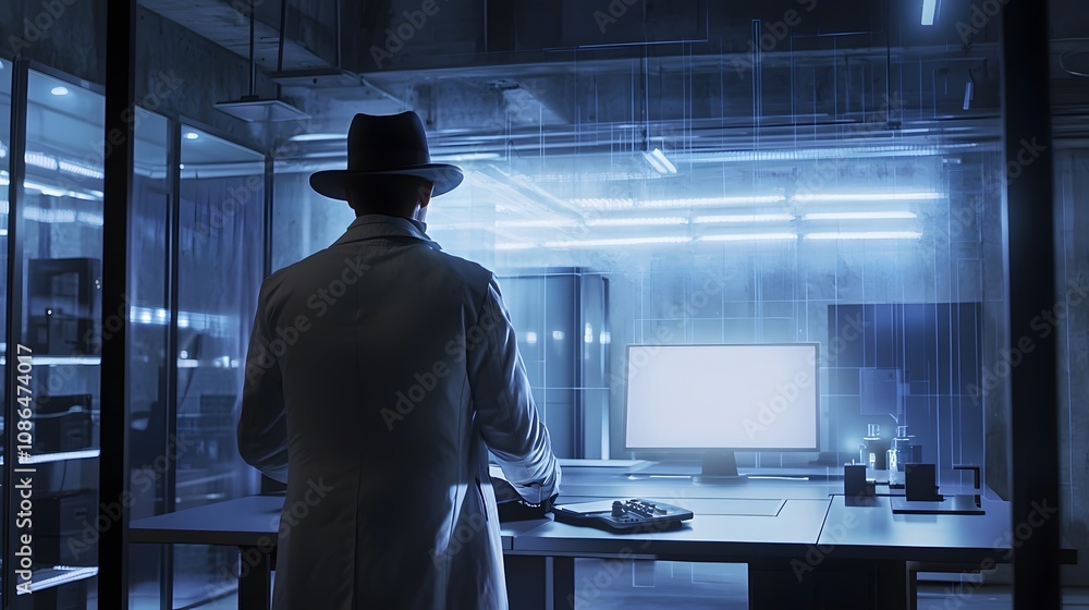 Mystery encounter in a dark office high-tech lab digital art futuristic environment rear view intrigue Mystery encounter in a dark office high-tech lab digital art futuristic environment rear view intrigue