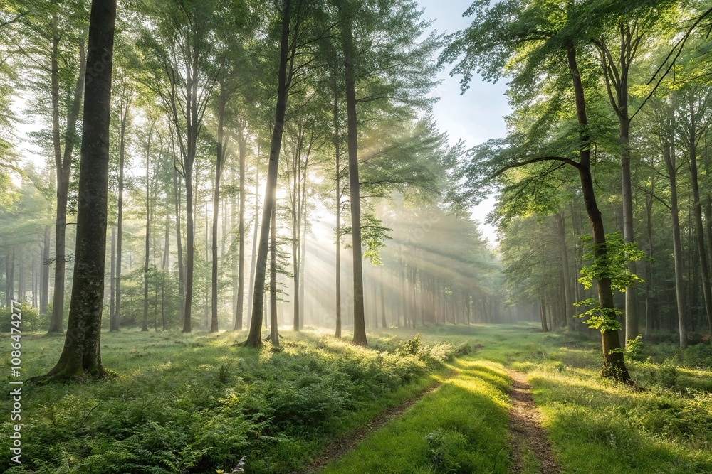 Obraz premium Panorama of a serene wald with sunbeams filtering through trees, leafy branches, forest landscape