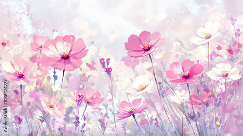 field of wildflowers in shades of pink, lavender, and white creates serene and dreamy atmosphere, inviting feelings of peace and tranquility